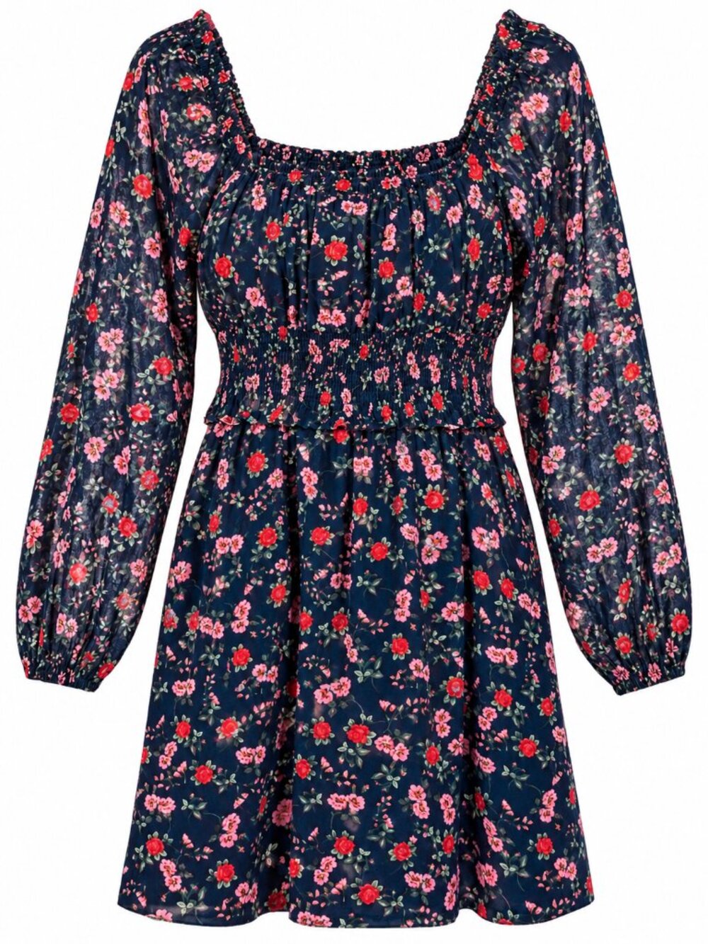 BP.Nordstrom Smocked Floral Mini Dress Womens L Navy Pink Puff Sleeve Cotton NWT